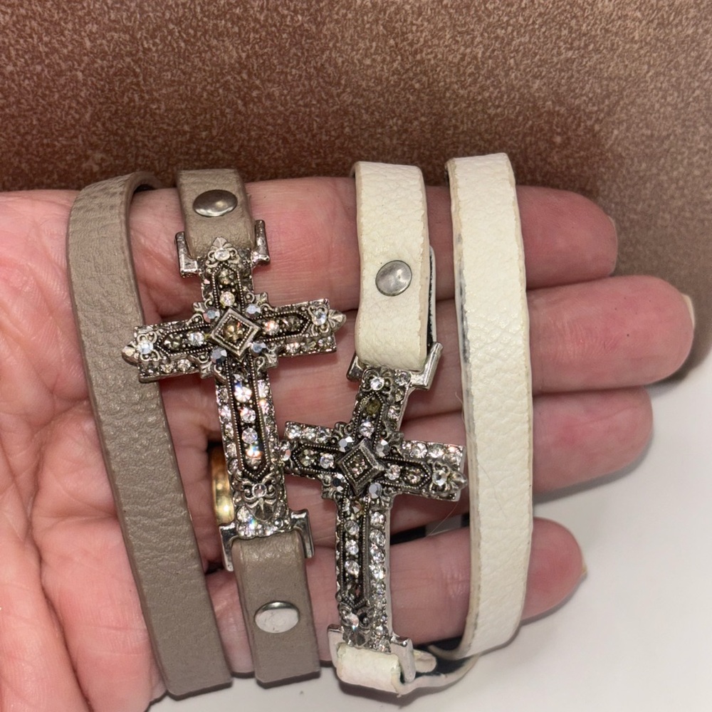 F.A.I.T.H. FAITH Set of 2 Crystal Cross Leather Bracelets